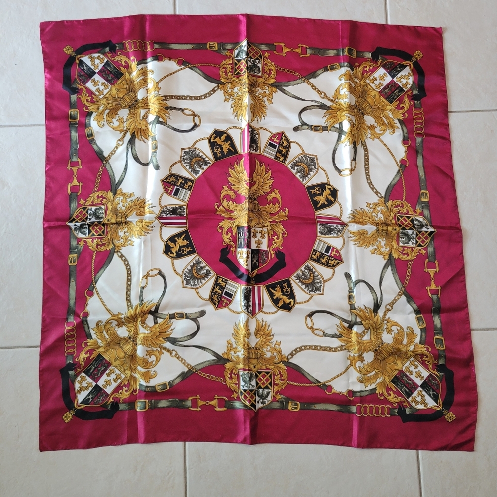 Vintage Felix Buhler Scarf 34x34 Coat of Arms Dark Red Burgundy White Gold Green